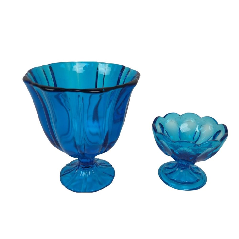 Vintage PAIR MCM Peacock Blue Pedestal Vase & Candy Dish LE Smith? MOD 7", 4" H